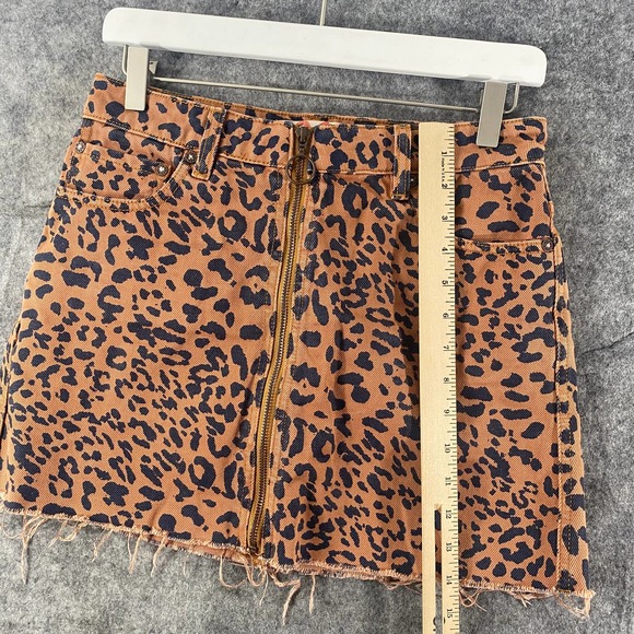 Free People Skirt 26 Orange Black Leopard Print Denim Mini Zip It Up High Rise - Picture 10 of 11